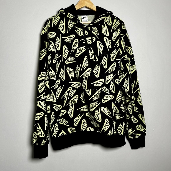 Nike Sport Black Yellow Volt Allover Print Pullover Hoodie Sz Large - Picture 3 of 12